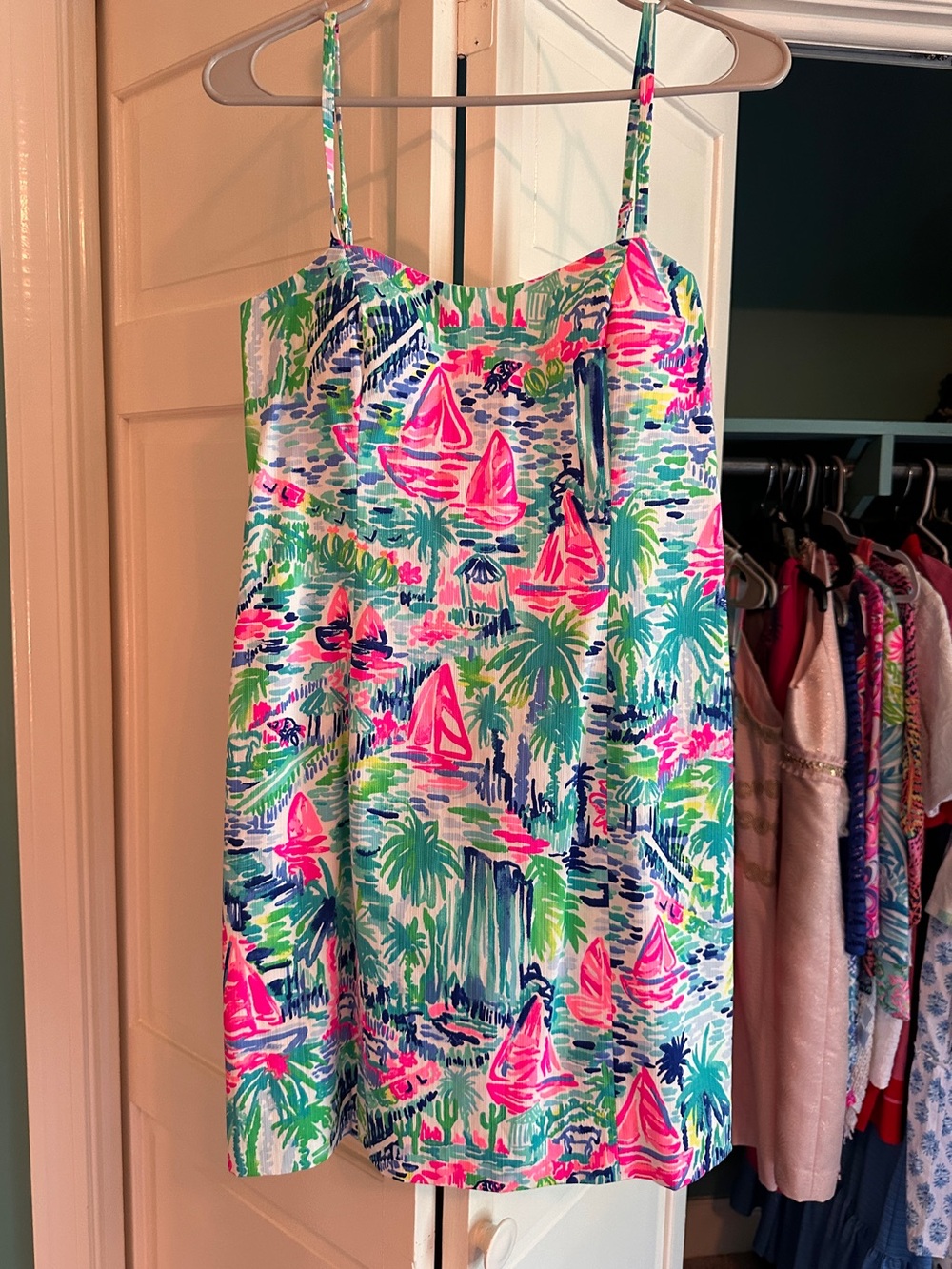 Lilly Pulitzer Pink, Green & Blue Tropical Sailboat Print Sundress